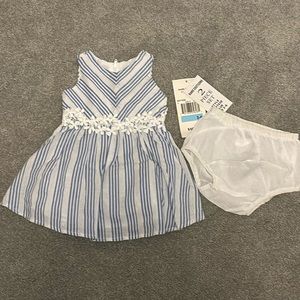 Rare Editions 2 Piece Blue White Striped  Baby Girls Dress Size 3-6 Months NWT
